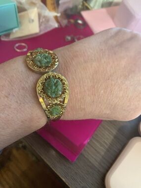 Gold-Tone Bracelet with Green Carved Stone Accents